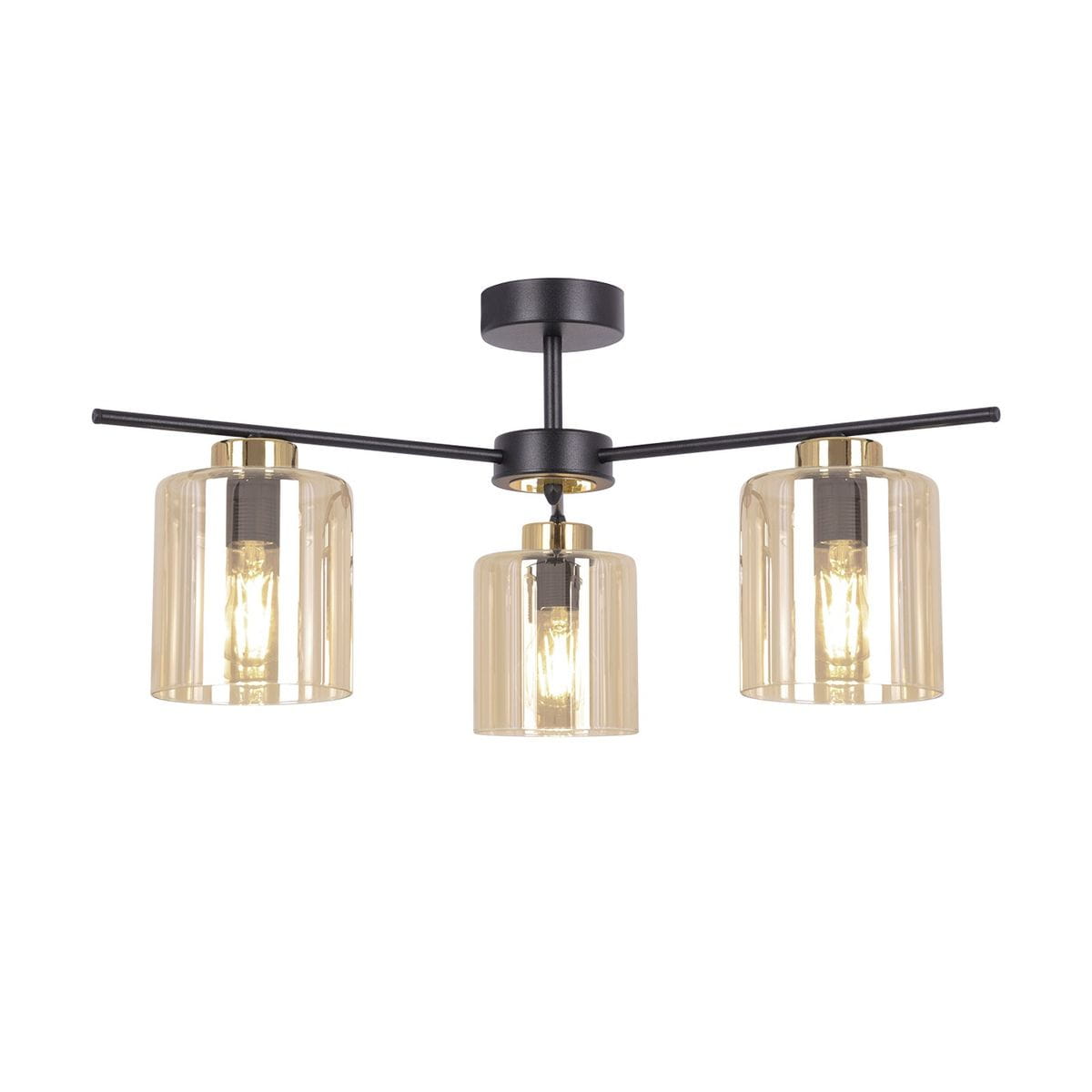 Lampa sufitowa Aurelia z trzema kloszami E27 w kolorze czarnym z bursztynowymi, przezroczystymi szkłami. Ułożona poziomo, z metalowym stelażem, elegancki design, idealna do nowoczesnych wnętrz.