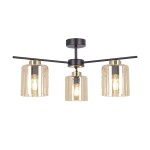 Lampa sufitowa Aurelia z trzema kloszami E27 w kolorze czarnym z bursztynowymi, przezroczystymi szkłami. Ułożona poziomo, z metalowym stelażem, elegancki design, idealna do nowoczesnych wnętrz.