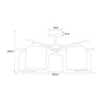 Lampa sufitowa Aurelia w kolorze czarnym z bursztynowymi kloszami, o wymiarach 62 cm szerokości i 29 cm wysokości. Posiada pięć miejsc na żarówki E27, zamontowana na centralnym wsporniku z metalowymi ramionami.
