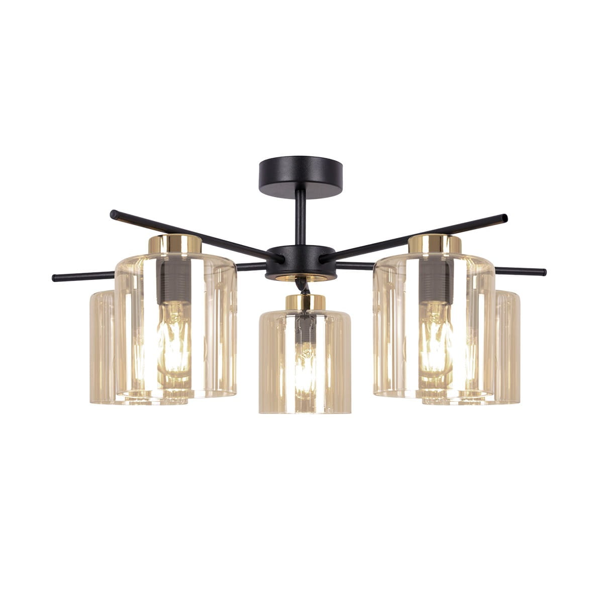 Lampa sufitowa Aurelia z pięcioma oprawami E27 w kolorze czarnym i bursztynowym. Stylowa konstrukcja z przezroczystymi kloszami i metalowymi detalami, zamontowana na centralnym stelażu. Wysoka jakość wykonania, idealna do nowoczesnych wnętrz.