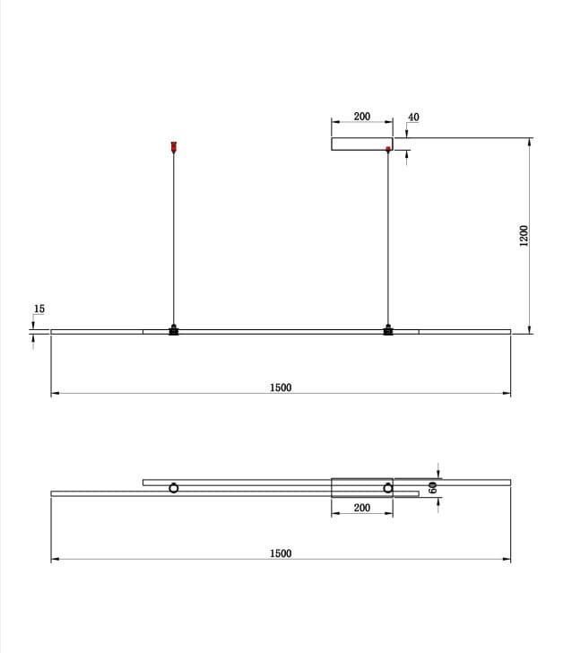 Lampa wisząca LED Halo 150, czarna, o mocy 48W, z wymiarami 1500x200x15 mm. Wysokość zawieszenia 1200 mm. Prosty, nowoczesny design, idealna do przestrzeni biurowych i mieszkalnych. Widoczne dwa mocowania i źródło światła na górze.