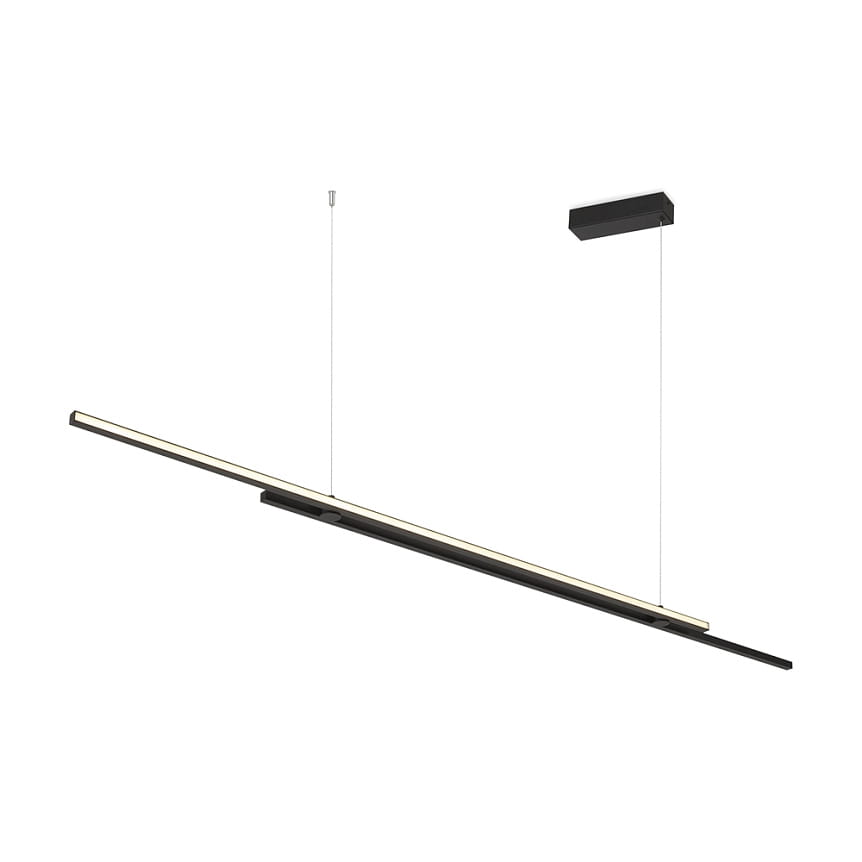 Lampa wisząca LED Halo 150 w czarnej obudowie, długość 150 cm, z wbudowanym źródłem światła o mocy 48W. Konstrukcja składa się z prostokątnej listwy, zawieszonej na dwóch cienkich linkach, z minimalistycznym designem.