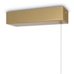 Lampa wisząca LED Halo 150 w kolorze mosiężnym, o prostokątnej formie. Zawieszona na cienkim, białym sznurku. Wyposażona w zintegrowane źródło światła o mocy 48W, z możliwością regulacji temperatury barwy światła.