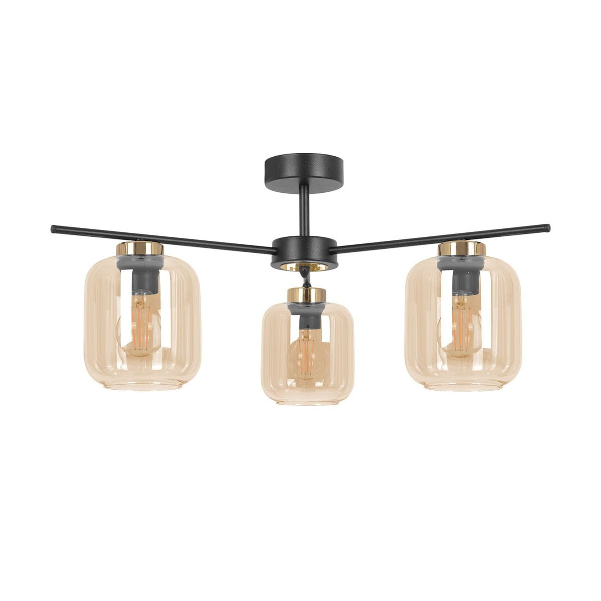 Lampa sufitowa Iga z trzema kloszami w kolorze bursztynowym, zawieszona na czarnym stelażu. Klosze mają prostokątny kształt i są wykonane z przezroczystego szkła. Całość utrzymana w nowoczesnym stylu, idealna do różnych wnętrz.