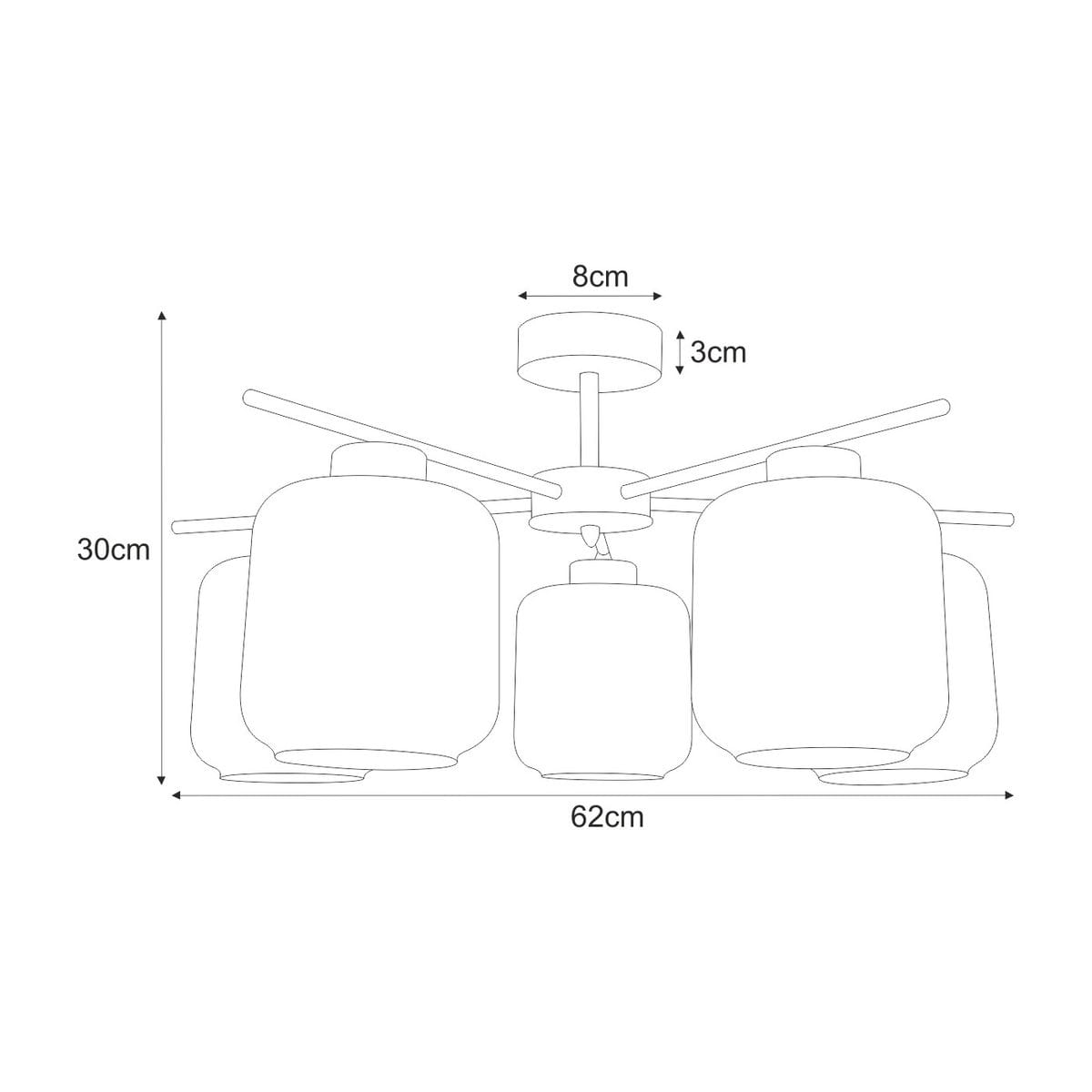 Lampa sufitowa Iga z pięcioma oprawami E27 w kolorze czarnym i bursztynowym. Okrągły sufitowy element mocujący o średnicy 8 cm, z ramionami rozstawionymi na 62 cm. Wysokość lampy wynosi 30 cm, a każdy klosz ma kształt cylindryczny.
