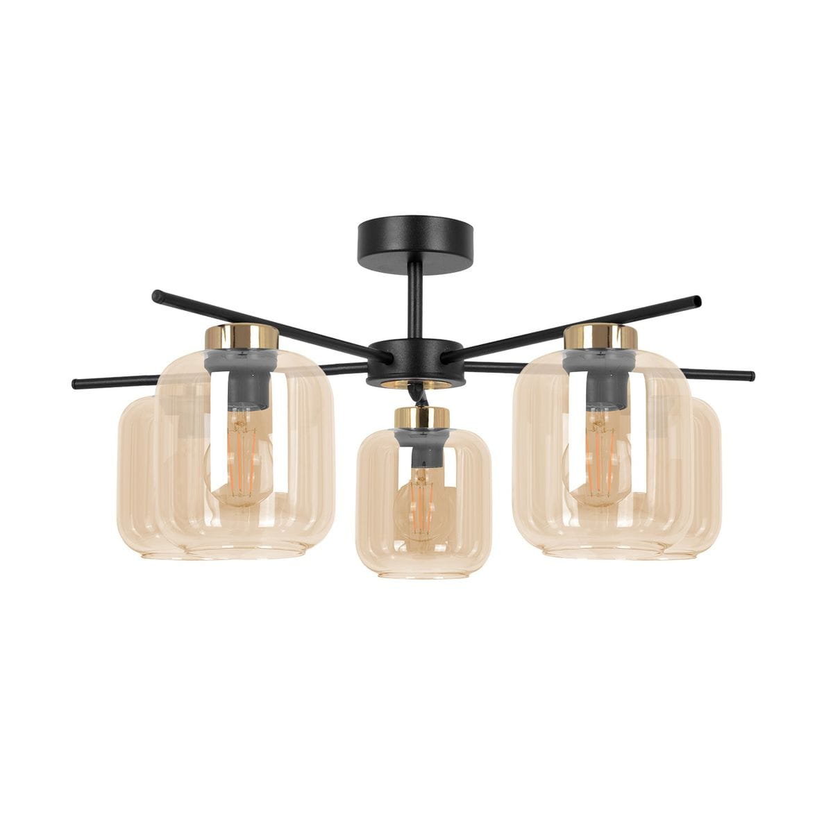 Lampa sufitowa Iga z pięcioma oprawami E27 w kolorze czarnym i bursztynowym. Posiada szklane klosze w kształcie prostokątnym z metalowymi detalami. Ułożona w centralnej pozycji z rozłożonymi ramionami, idealna do nowoczesnych wnętrz.