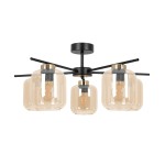 Lampa sufitowa Iga z pięcioma oprawami E27 w kolorze czarnym i bursztynowym. Posiada szklane klosze w kształcie prostokątnym z metalowymi detalami. Ułożona w centralnej pozycji z rozłożonymi ramionami, idealna do nowoczesnych wnętrz.