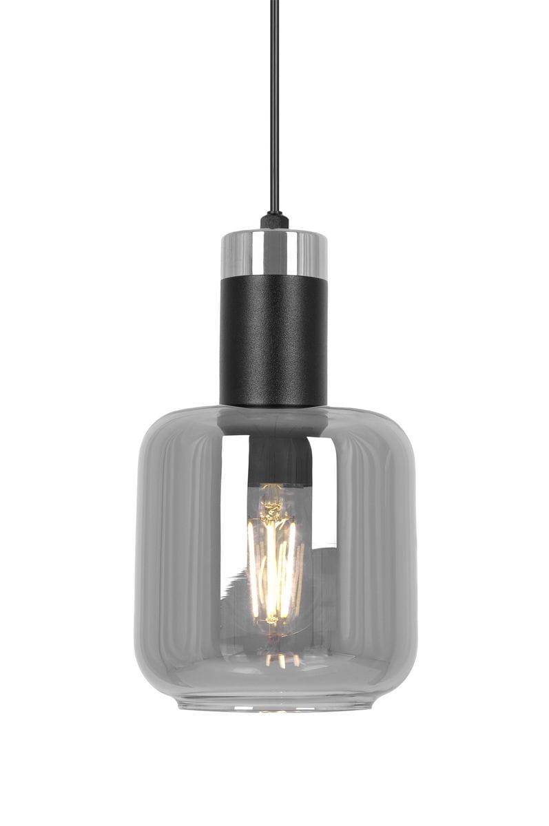 Lampa wisząca Denis z jednym gniazdem E27, w kolorze czarnym i grafitowym. Szklany klosz o zaokrąglonym kształcie, z metalowym elementem na górze. Produkt zawieszony na cienkim przewodzie, idealny do nowoczesnych wnętrz.