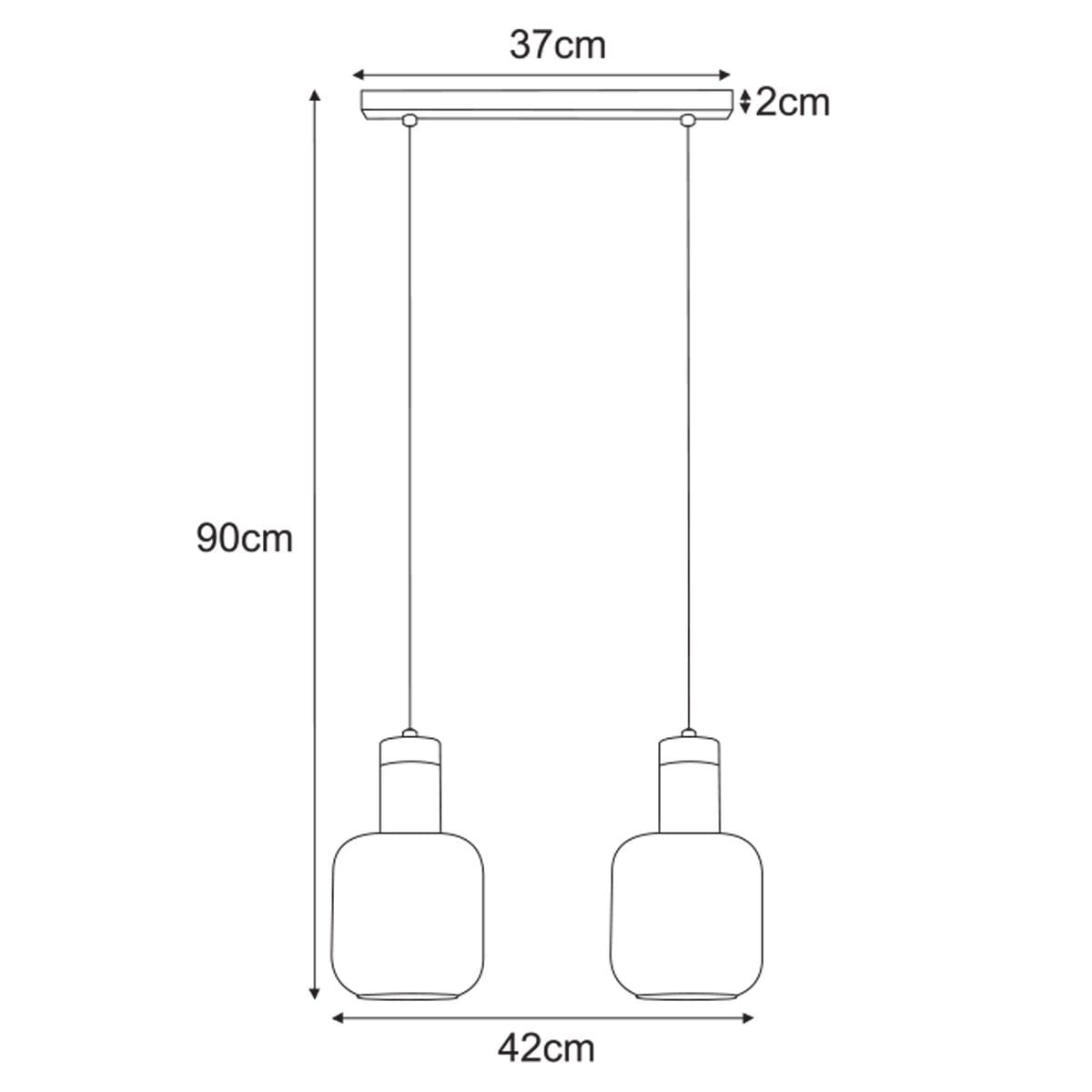 Lampa wisząca Denis 2xE27 w kolorze czarnym i grafitowym, z dwoma szklanymi kloszami o kształcie cylindrycznym. Wymiary: długość 90 cm, szerokość 42 cm, wysokość 37 cm. Ujęcie frontalne, widoczny system mocowania.