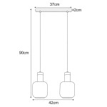 Lampa wisząca Denis 2xE27 w kolorze czarnym i grafitowym, z dwoma szklanymi kloszami o kształcie cylindrycznym. Wymiary: długość 90 cm, szerokość 42 cm, wysokość 37 cm. Ujęcie frontalne, widoczny system mocowania.