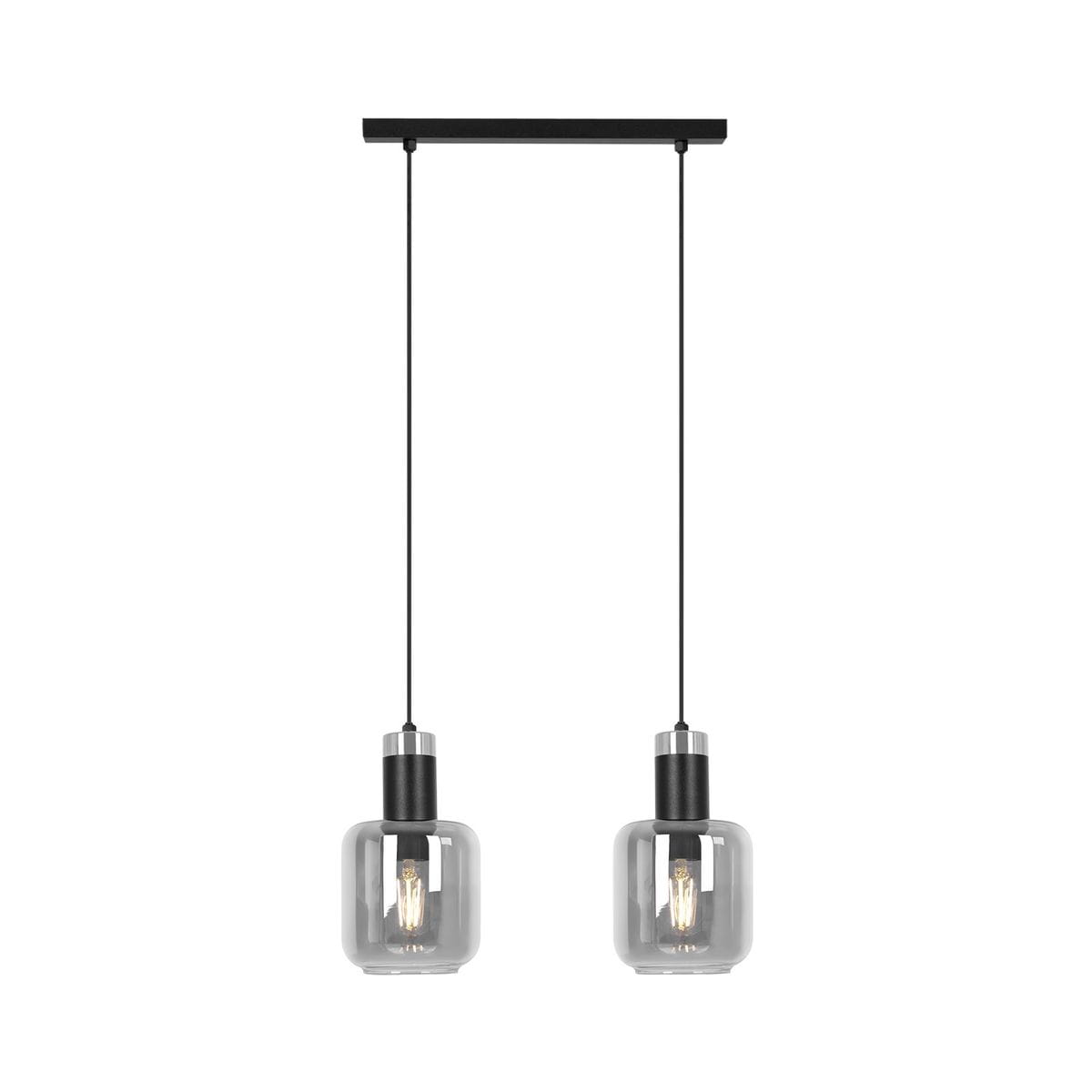 Lampa wisząca Denis z dwoma kloszami, w kolorze czarnym i grafitowym. Klosze szklane, przezroczyste, z widocznymi żarówkami E27. Ułożona poziomo, zawieszona na cienkich linkach, z prostokątnym stelażem montażowym.