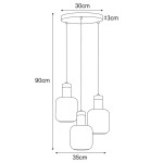 Lampa wisząca Denis z trzema kloszami, w kolorze czarnym i grafitowym. Wymiary: średnica podsufitki 30 cm, długość 90 cm, szerokość 35 cm. Klosze mają różne kształty, zawieszone na cienkich linkach, idealna do nowoczesnych wnętrz.