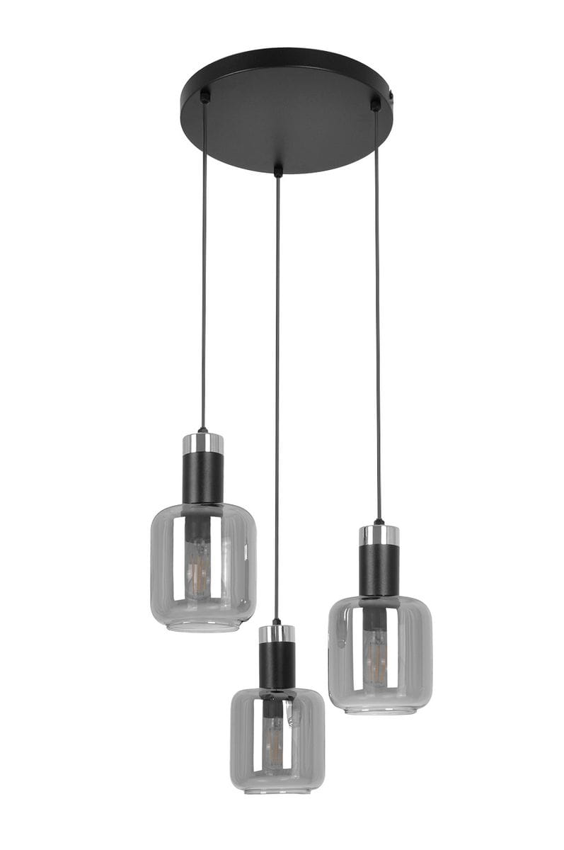 Lampa wisząca Denis z trzema kloszami E27 w kolorze czarnym i grafitowym. Klosze mają szklane, przezroczyste wykończenie, zawieszone na cienkich linkach. Montaż na okrągłej podstawie sufitowej w kolorze czarnym.