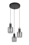 Lampa wisząca Denis z trzema kloszami E27 w kolorze czarnym i grafitowym. Klosze mają szklane, przezroczyste wykończenie, zawieszone na cienkich linkach. Montaż na okrągłej podstawie sufitowej w kolorze czarnym.