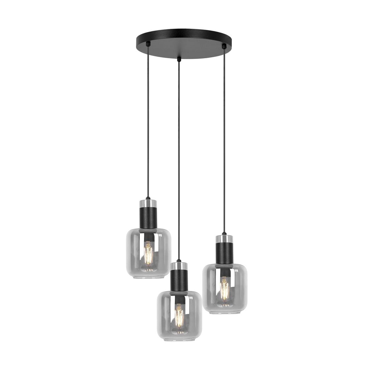 Lampa wisząca Denis z trzema oprawami E27, w kolorze czarnym i grafitowym. Szklane klosze w kształcie prostokątnym wiszą na cienkich linkach. Montaż sufitowy z okrągłą podstawą. Idealna do nowoczesnych wnętrz.