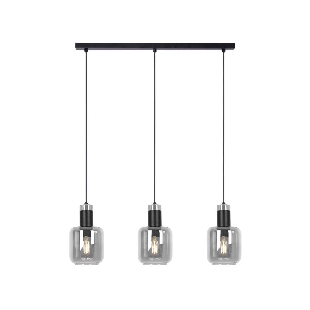 Lampa wisząca Denis z trzema oprawami E27 w kolorze czarnym i grafitowym. Szklane klosze w kształcie sześcianu zawieszone na cienkich linkach, montowane na prostokątnej podstawie. Idealna do nowoczesnych wnętrz.