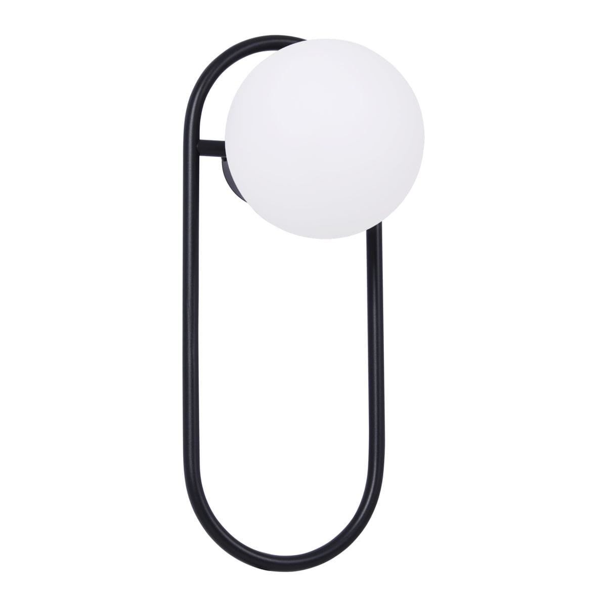 Kinkiet Finestra 1xE27 w kolorze czarnym i białym, z okrągłą, matową żarówką. Ujęcie z boku, prezentujące minimalistyczny design z metalowym stelażem w formie elipsy. Idealny do nowoczesnych wnętrz.