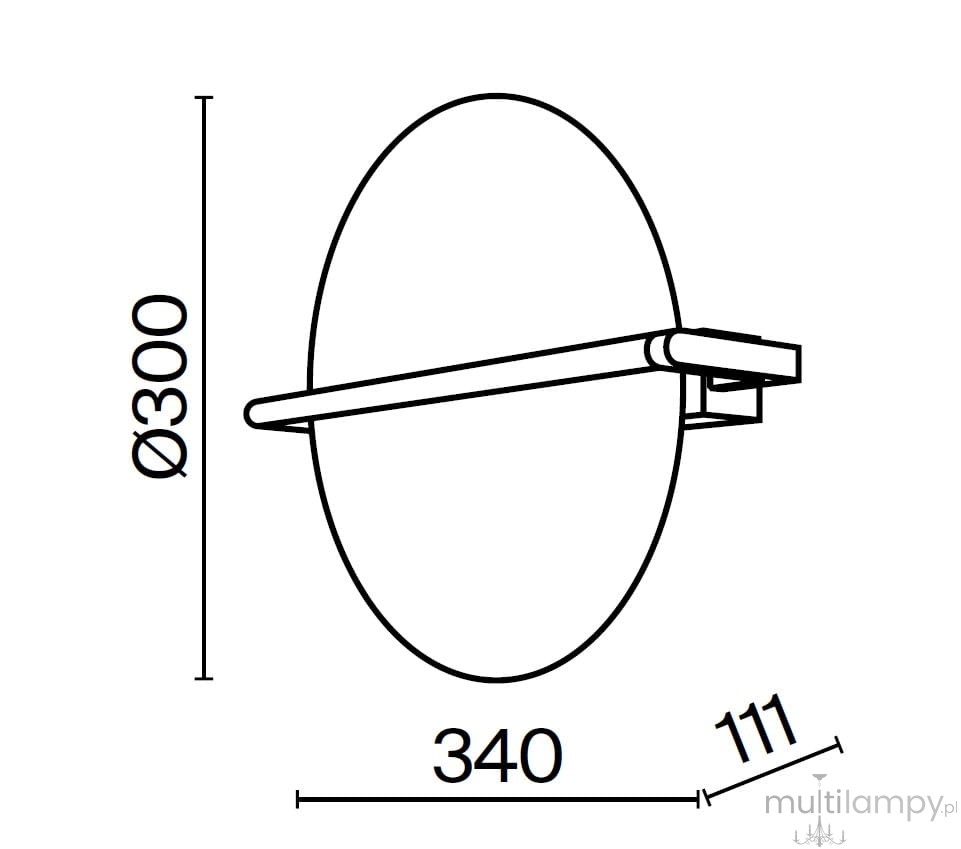 Kinkiet LED Mira w kolorze czarnym, o średnicy 300 mm i długości 340 mm, z prostokątną listwą montażową. Źródło światła 14W i temperatura barwowa 3000K. Prosty, nowoczesny design, idealny do użytku wewnętrznego.