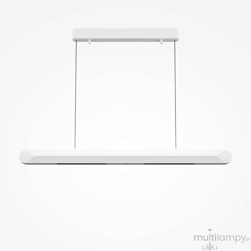 Lampa wisząca LED Motion 120 w kolorze białym, o mocy 40W i temperaturze barwowej 3000K. Posiada prostokątny kształt z lekko zaokrąglonymi krawędziami, zawieszona na cienkich linkach, na jednolitym tle.