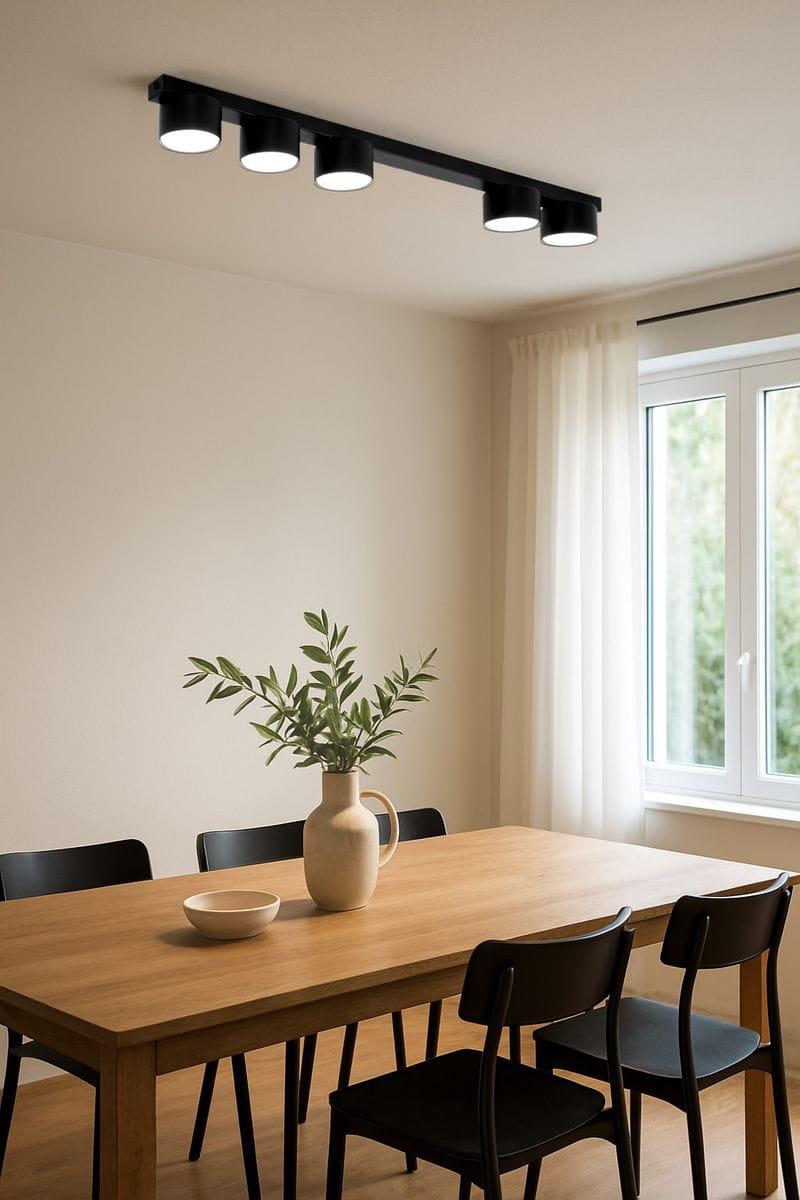 Cruz lampa sufitowa w kolorze czarnym z pięcioma oprawami GX53, zamontowana na ścianie w nowoczesnym wnętrzu. Lampa o prostym, minimalistycznym designie, wisząca nad drewnianym stołem, w otoczeniu czarnych krzeseł i rośliny w wazonie.