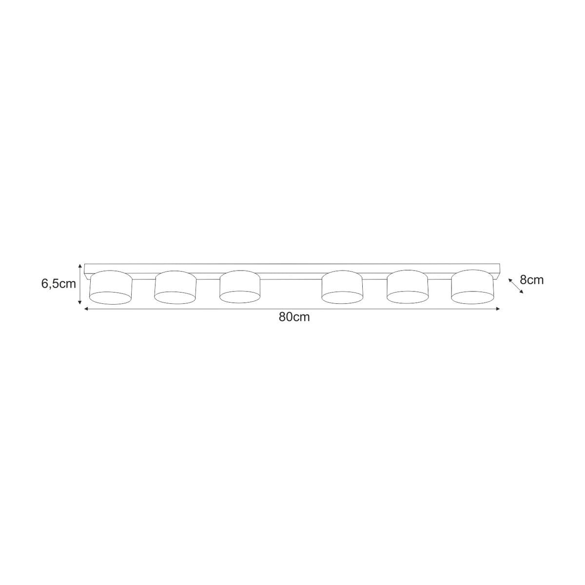 Cruz lampa sufitowa z sześcioma oprawami GX53 w kolorze czarnym. Wymiary: długość 80 cm, wysokość 8 cm, głębokość 6,5 cm. Prosty, minimalistyczny design, idealna do nowoczesnych wnętrz. Ułożona poziomo, podkreśla funkcjonalność oświetlenia.