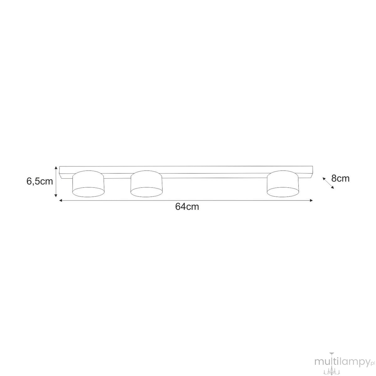 Lampa sufitowa Cruz 3xGX53 w kolorze czarnym. Prosta konstrukcja o długości 64 cm, wysokości 6,5 cm i szerokości 8 cm. Trzy okrągłe oprawy na żarówki umieszczone na prostokątnej podstawie.