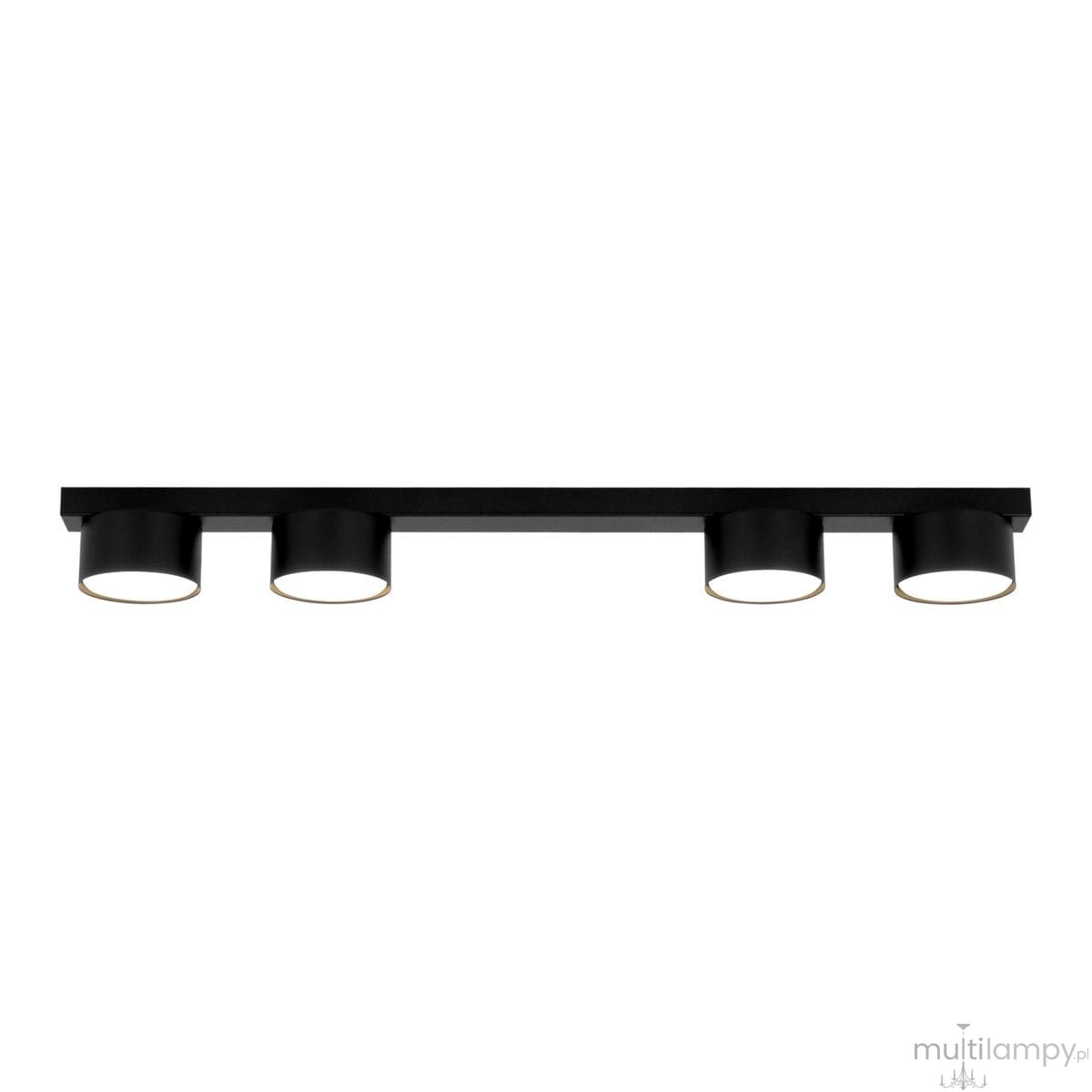 Lampa sufitowa Cruz z czterema oprawami GX53 w kolorze czarnym. Prosta konstrukcja z metalowym stelażem i cylindrycznymi kloszami. Ujęcie z góry, produkt zamontowany na płaskiej powierzchni.