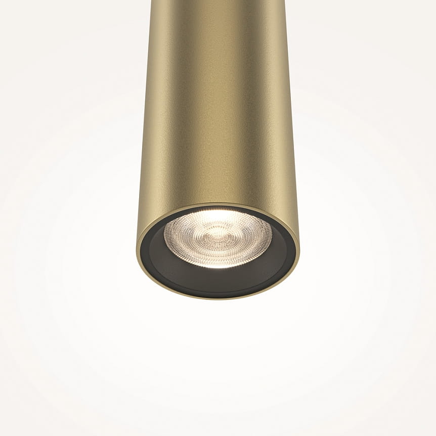 Lampa wisząca Pro Extra LED o mocy 6W i temperaturze barwowej 4000K, w złotym kolorze, z cylindrycznym kształtem. Ujęcie z dołu, pokazujące źródło światła oraz fakturę powierzchni. Tło jasne, minimalistyczne.