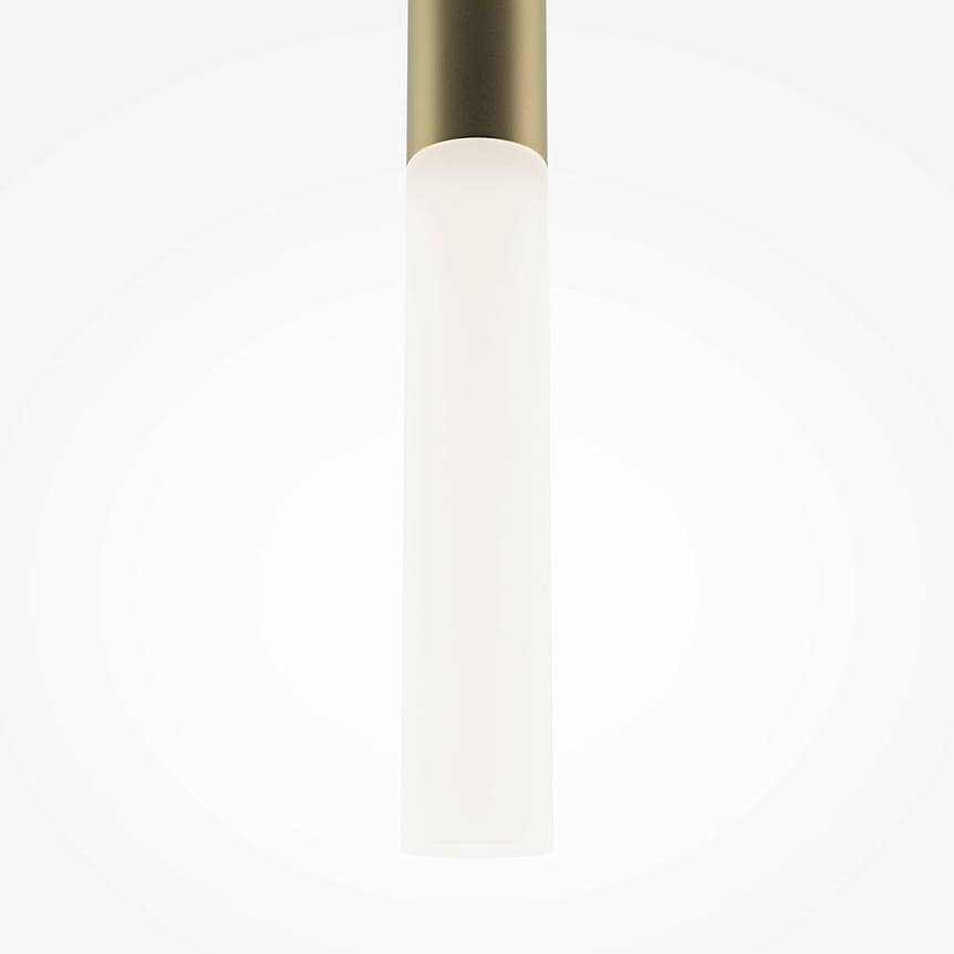 Lampa wisząca Pro Shade LED o mocy 6W i barwie światła 4000K, z metalowym złotym kloszem u góry oraz cylindrycznym, matowym białym szkłem. Ujęcie frontalne, produkt zawieszony na prostym tle.