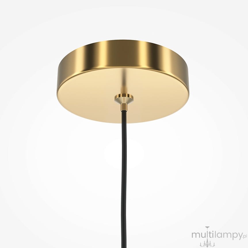 Lampa wisząca Pro Focus w mosiężnym kolorze z oprawą na jedną żarówkę GU10. Widok z dołu, pokazujący okrągłą podstawę oraz czarny kabel. Podstawa ma gładką, błyszczącą powierzchnię. Tło jasne i jednolite.