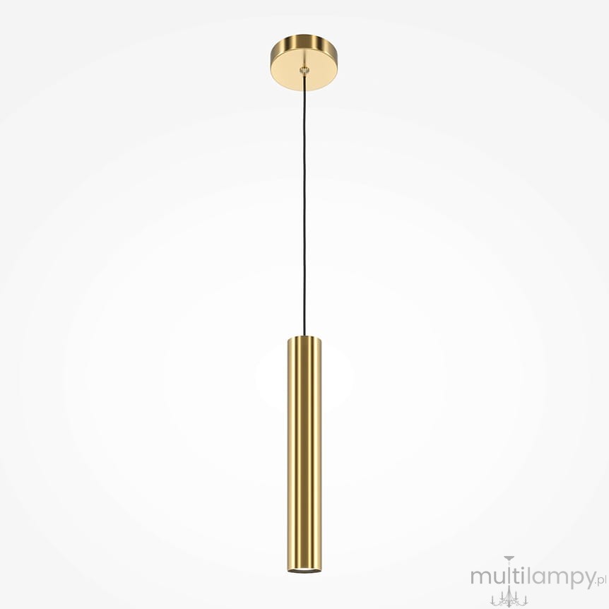 Lampa wisząca Pro Focus w kolorze mosiądzu z pojedynczym źródłem światła GU10. Cylindryczny kształt, zawieszona na czarnym przewodzie, montowana do sufitu. Minimalistyczny design, idealna do nowoczesnych wnętrz.