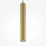 Lampa wisząca Pro Focus, mosiężna, w kształcie cylindrycznym. Ujęcie frontalne, zawieszona na czarnym przewodzie. Gładka, błyszcząca powierzchnia, pojedyncze źródło światła GU10. Proste, nowoczesne wzornictwo na jasnym tle.