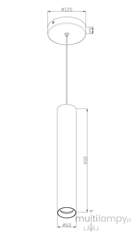Lampa wisząca Pro Focus 1xGU10 w kolorze mosiądzu, o cylindrycznym kształcie. Wymiary: średnica 60 mm, wysokość 400 mm. Montaż sufitowy, z widocznym przewodem. Prosta konstrukcja, idealna do nowoczesnych wnętrz.