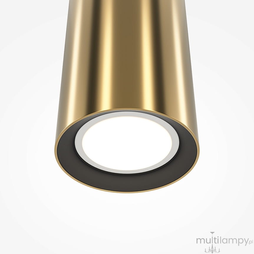 Lampa wisząca Pro Focus z jedną oprawą GU10, w kolorze błyszczącego mosiądzu. Zbliżenie na okrągły klosz, z czarnym wykończeniem wewnętrznym, zawieszony w pionie, na białym tle.