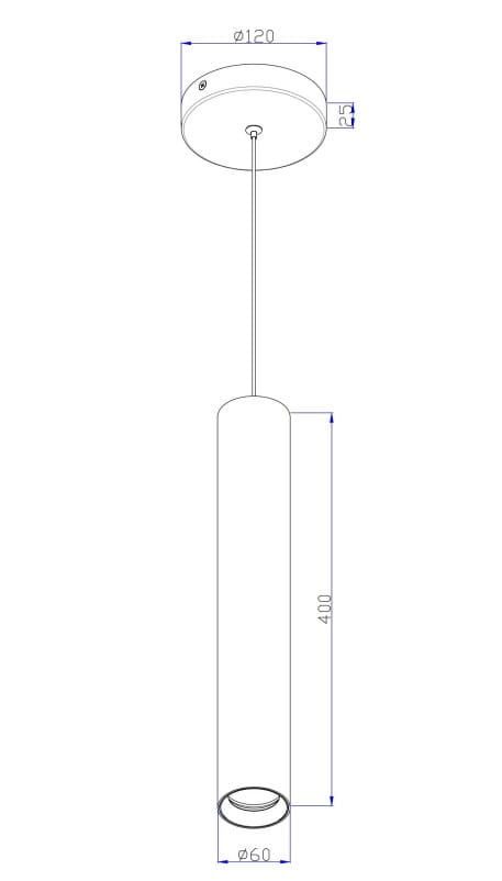 Lampa wisząca Pro Focus 1xGU10 w srebrnym kolorze, cylindryczna, o średnicy 60 mm i wysokości 400 mm. Zawieszona na cienkim przewodzie, z okrągłym mocowaniem sufitowym o średnicy 120 mm. Idealna do nowoczesnych wnętrz.