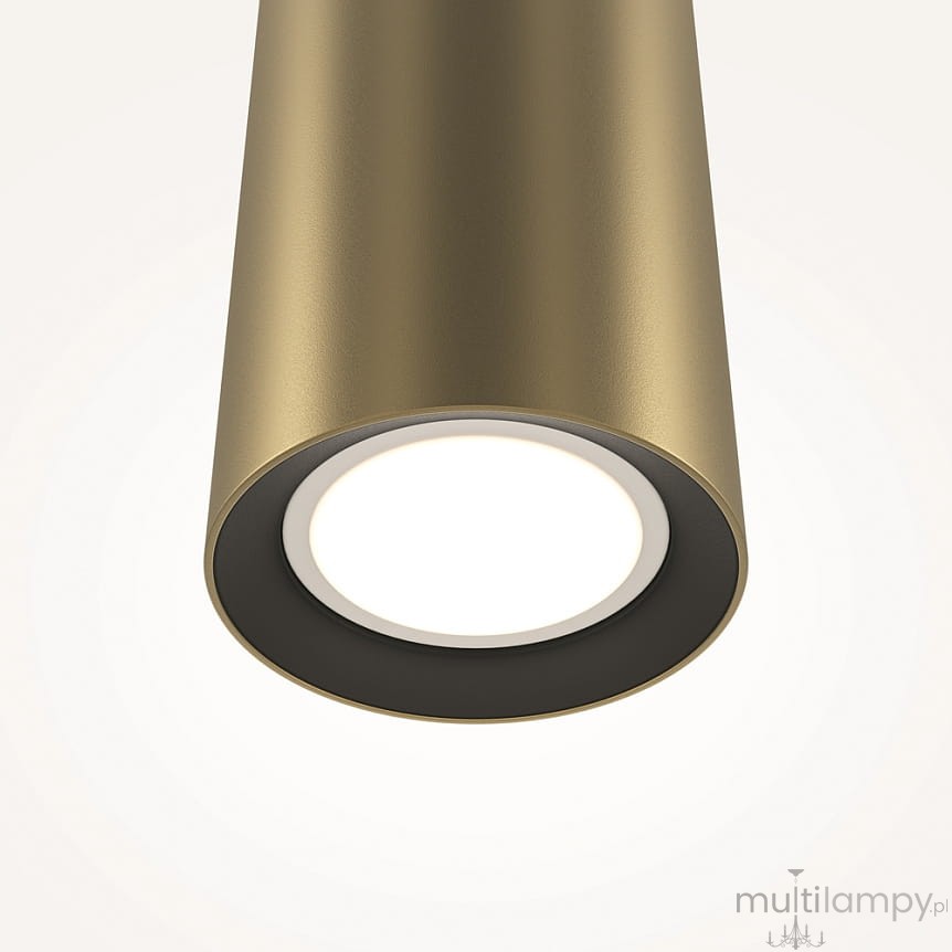Lampa wisząca Pro Focus w kolorze złotym z oprawą na jedną żarówkę GU10. Ujęcie z bliska, pokazujące cylindryczny kształt i wbudowane źródło światła. Tło jasne, podkreślające elegancki design lampy.