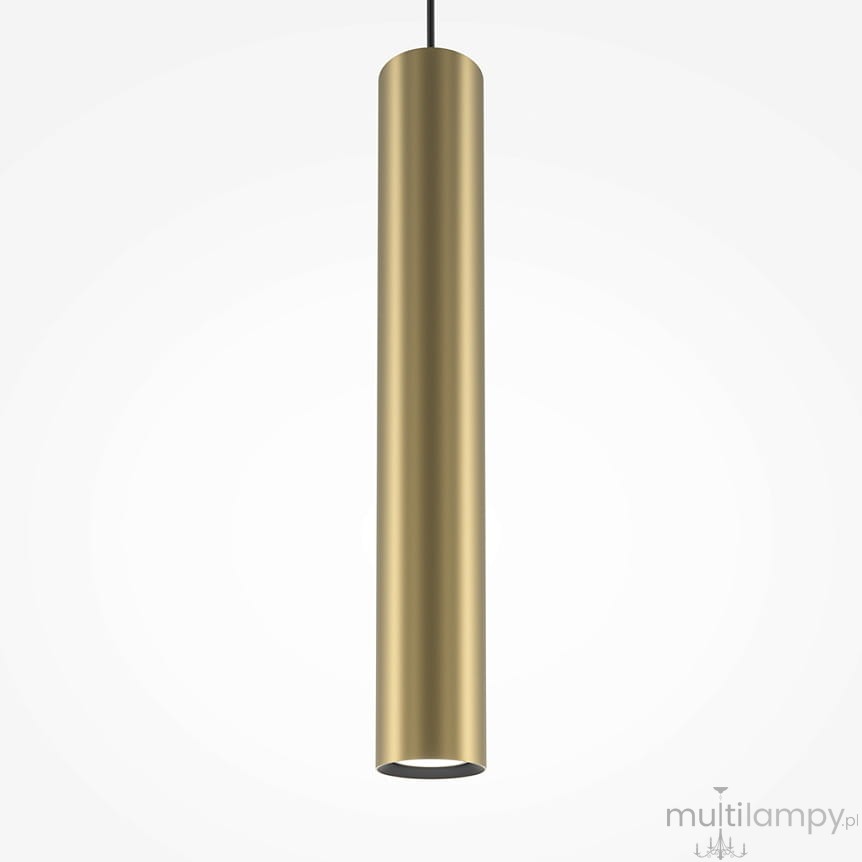 Lampa wisząca Pro Focus 1xGU10 w kolorze złotym, o cylindrycznym kształcie. Ujęcie frontalne, lampa zawieszona na czarnym przewodzie, z widocznym otworem na źródło światła. Tło białe, co podkreśla elegancki design.
