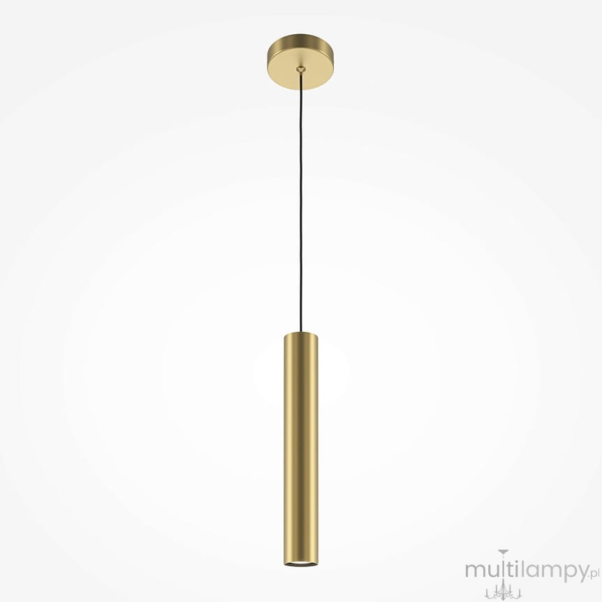 Lampa wisząca Pro Focus w kolorze złotym, z pojedynczym źródłem światła GU10, o cylindrycznym kształcie. Zawieszona na czarnym przewodzie, montowana do sufitu. Minimalistyczny design, idealna do nowoczesnych wnętrz.