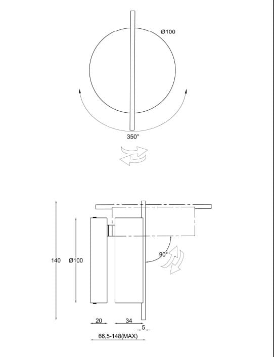Kinkiet LED Nuance w kolorze białym i czarnym, średnica 100 mm, z możliwością obrotu 350°. Wymiary: 140 mm wysokości, 34 mm głębokości, z regulacją od 66,5 do 148 mm. Idealny do nowoczesnych wnętrz.