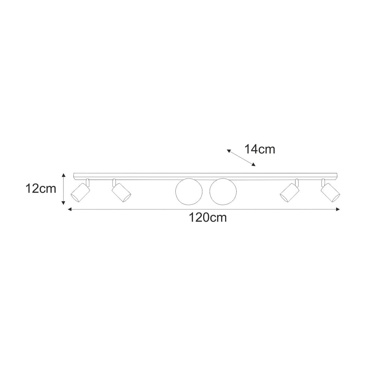 Lampa sufitowa Swing w kolorze czarnym, złożona z prostokątnej listwy o długości 120 cm, wysokości 12 cm i szerokości 14 cm, z czterema oprawami GU10 oraz dwiema oprawami G9. Wyposażona w obracane reflektory.