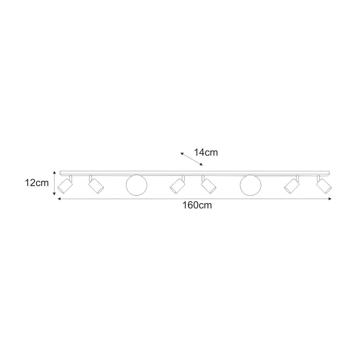 Lampa sufitowa Andi w kolorze białym, o wymiarach 160 cm x 14 cm x 12 cm, z miejscami na 6 żarówek GU10 i 2 G9. Posiada prostokątną podstawę oraz okrągłe elementy mocujące, montowana na suficie.