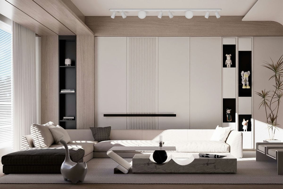 Lampa sufitowa Andi w kolorze białym z 6 miejscami na żarówki GU10 oraz 2 na G9. Zainstalowana na suficie, w nowoczesnym wnętrzu, o prostym, minimalistycznym designie. Widoczna w aranżacji salonu z jasnymi meblami i roślinami.