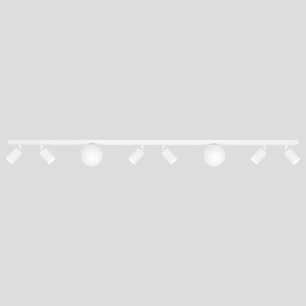 Biała lampa sufitowa Andi z sześcioma punktami świetlnymi GU10 i dwoma G9. Ułożona poziomo, z prostą linią, z okrągłymi i cylindrycznymi kloszami. Idealna do nowoczesnych wnętrz.