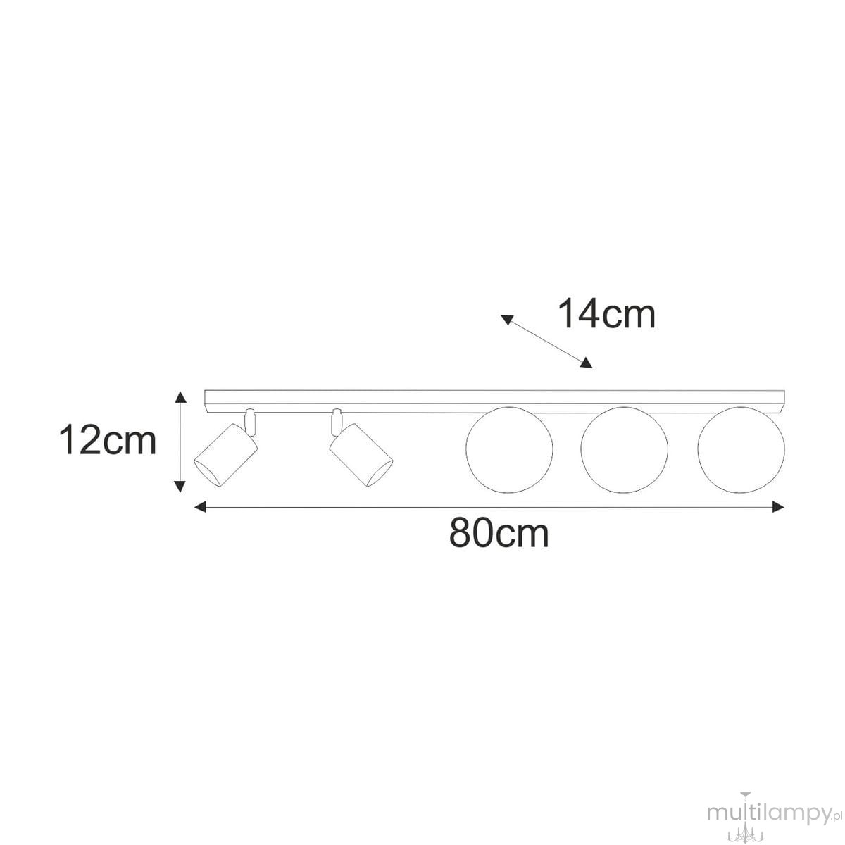 Beżowa lampa sufitowa Aspa z dwoma reflektorami GU10 i trzema oprawami G9. Wymiary: 80 cm długości, 14 cm wysokości, 12 cm głębokości. Prosta konstrukcja z metalowej listwy, idealna do nowoczesnych wnętrz.