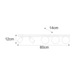 Beżowa lampa sufitowa Aspa z dwoma reflektorami GU10 i trzema oprawami G9. Wymiary: 80 cm długości, 14 cm wysokości, 12 cm głębokości. Prosta konstrukcja z metalowej listwy, idealna do nowoczesnych wnętrz.