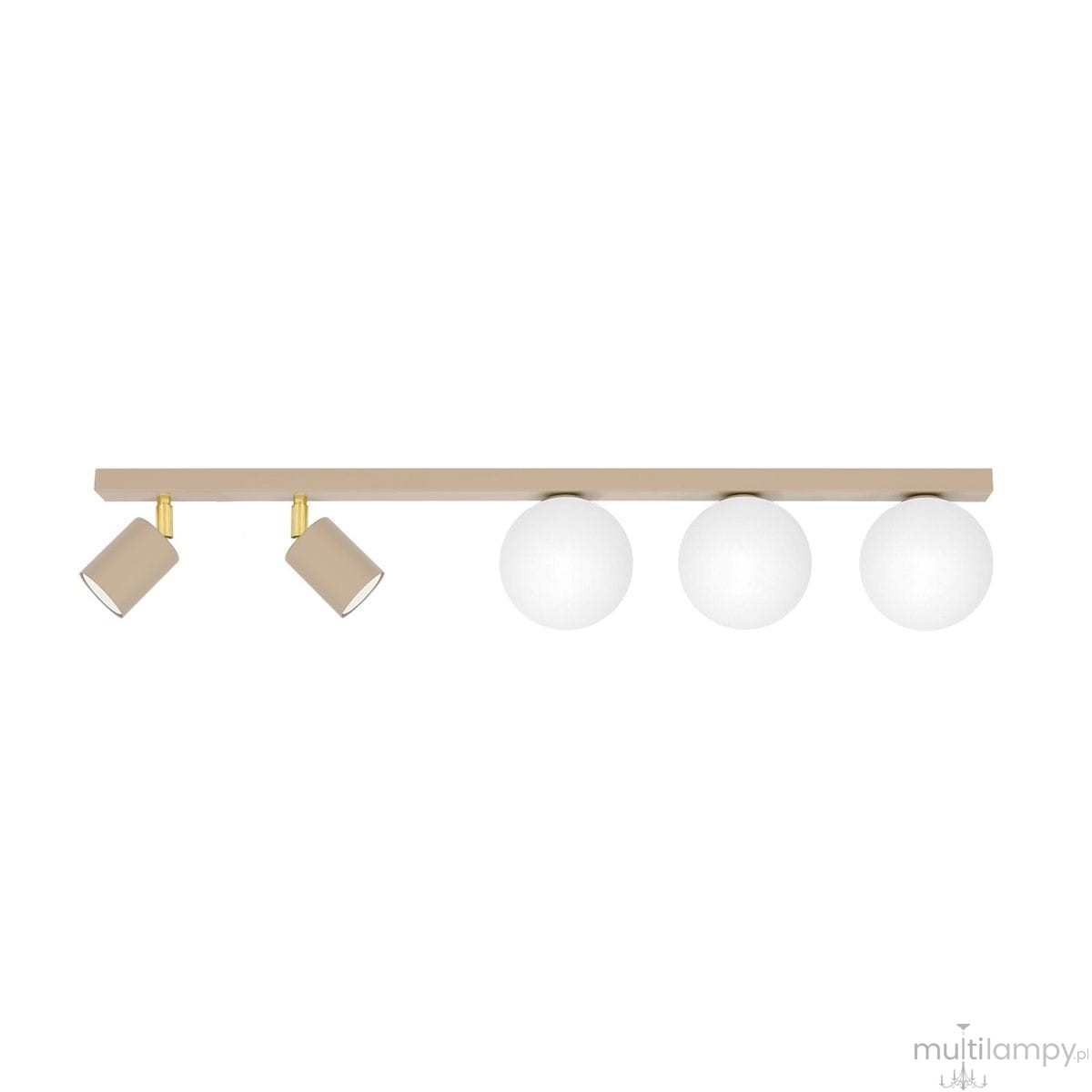 Beżowa lampa sufitowa Aspa K-5831 z dwoma reflektorami GU10 i trzema kulistymi kloszami G9, umieszczona na prostokątnej listwie. Reflektory mają prosty, cylindryczny kształt, a klosze są w kolorze białym, tworząc nowoczesny wygląd.