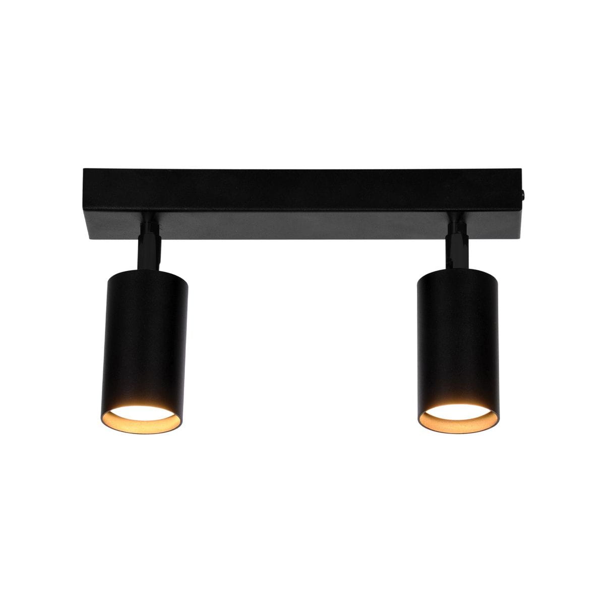 Czarna lampa sufitowa Monti z dwoma spotami, z oprawami na żarówki GU10. W prostokątnej, matowej podstawie umieszczone są dwa cylindryczne klosze. Ujęcie frontalne, produkt zamontowany na białym tle.