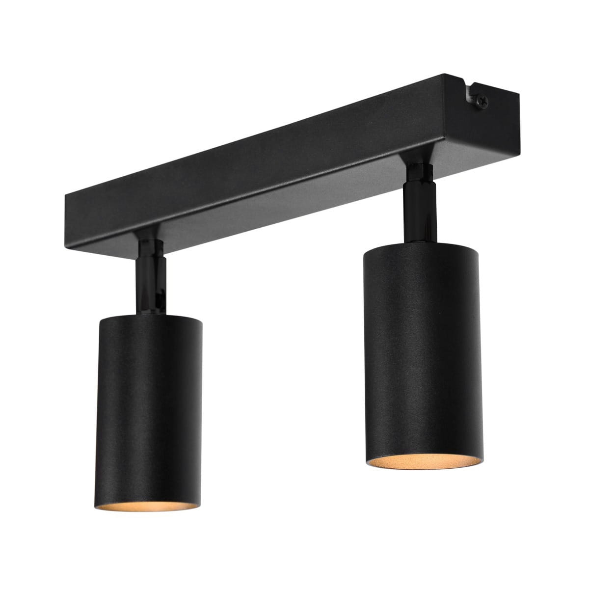 Czarna lampa sufitowa Monti z dwoma spotami GU10, zamontowana na prostokątnej podstawie. Każdy reflektor ma cylindryczny kształt, matową fakturę oraz odsłoniętą żarówkę, zapewniając nowoczesne oświetlenie wnętrza.