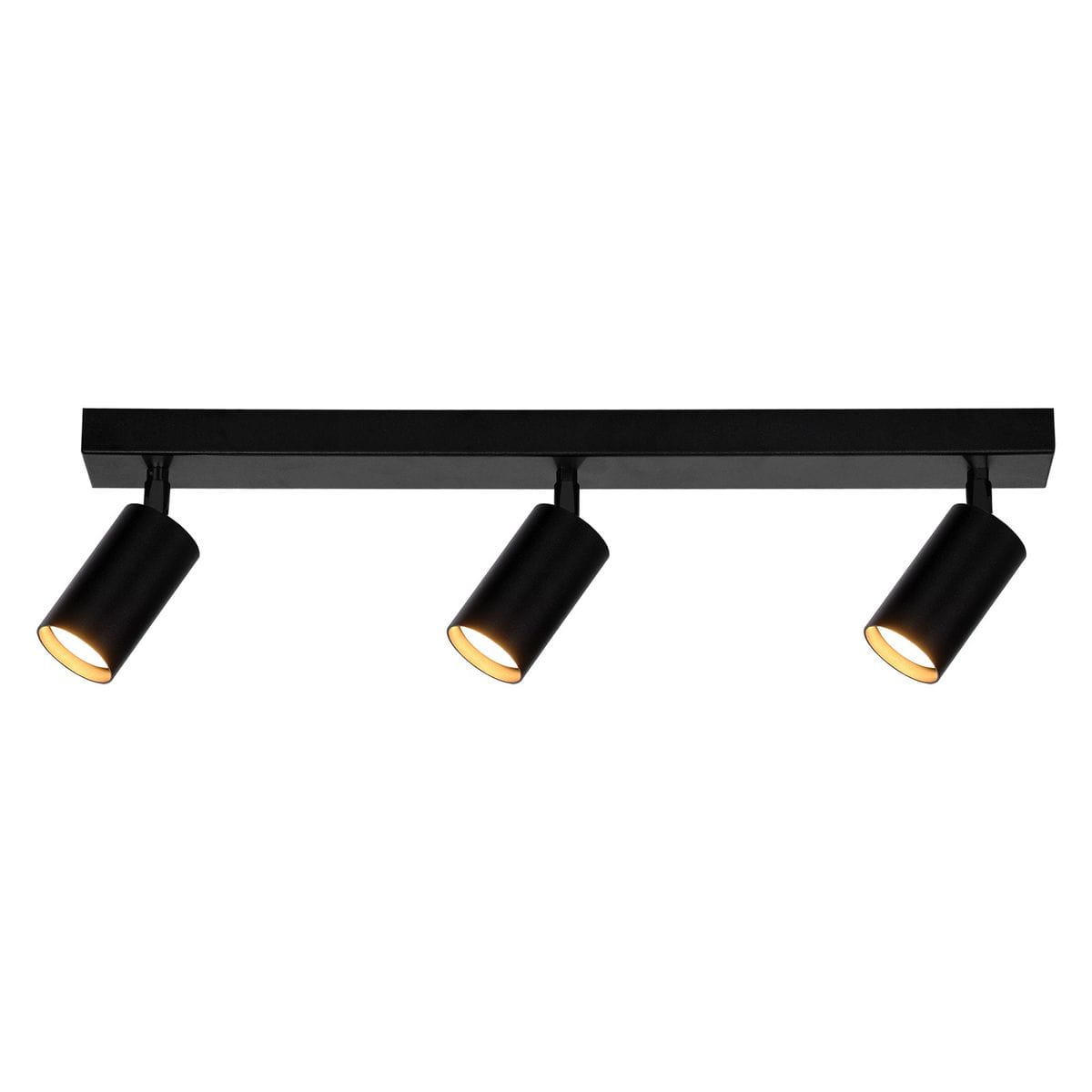 Lampa sufitowa Monti w kolorze czarnym z trzema reflektorami GU10. Ułożona poziomo na prostokątnej podstawie, z cylindrycznymi kloszami skierowanymi w dół. Prosta, nowoczesna forma, idealna do oświetlenia wnętrz.