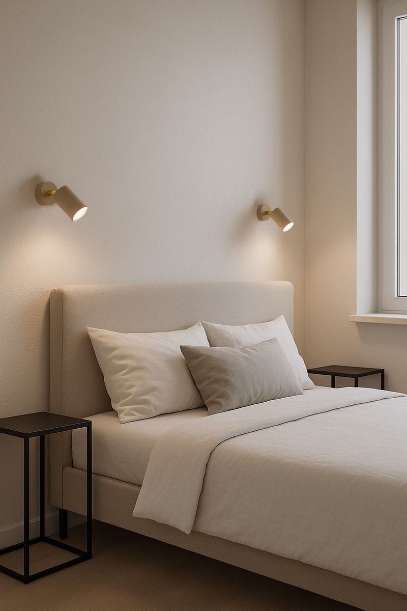 Beżowy kinkiet Mati 1xGU10, zamontowany na ścianie obok łóżka. Lampa ma prosty, cylindryczny kształt z metalowym wykończeniem. W tle widać jasną ścianę, łóżko z jasną pościelą i czarne stoliki nocne.